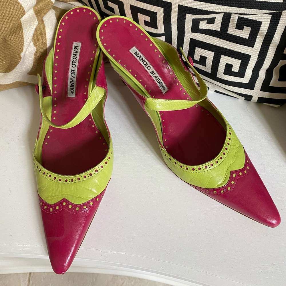 Manolo Blahnik Leather Spectator Mules Heels
